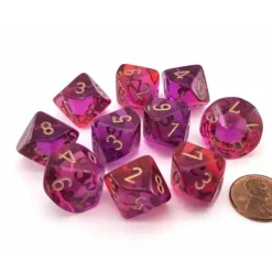 Dice>Set of 10 Chessex Gemini D10 Dice - Translucent Red-Violet with Gold Numbers - Your Source for Gaming Essentials