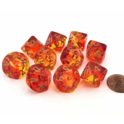 Dice>Set of 10 Chessex Gemini D10 Dice - Translucent Red-Yellow with Gold Numbers - Your Source for Gaming Essentials