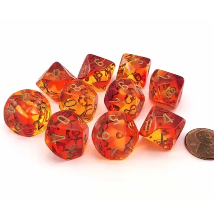 Dice>Set of 10 Chessex Gemini D10 Dice - Translucent Red-Yellow with Gold Numbers - Your Source for Gaming Essentials