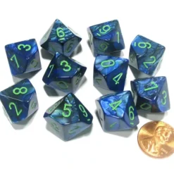 Dice>Set of 10 Chessex Lustrous D10 Dice - Dark Blue with Green Numbers - Your Source for Gaming Essentials