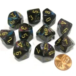 Dice>Set of 10 Chessex Lustrous D10 Dice - Shadow with Gold Numbers - Your Source for Gaming Essentials