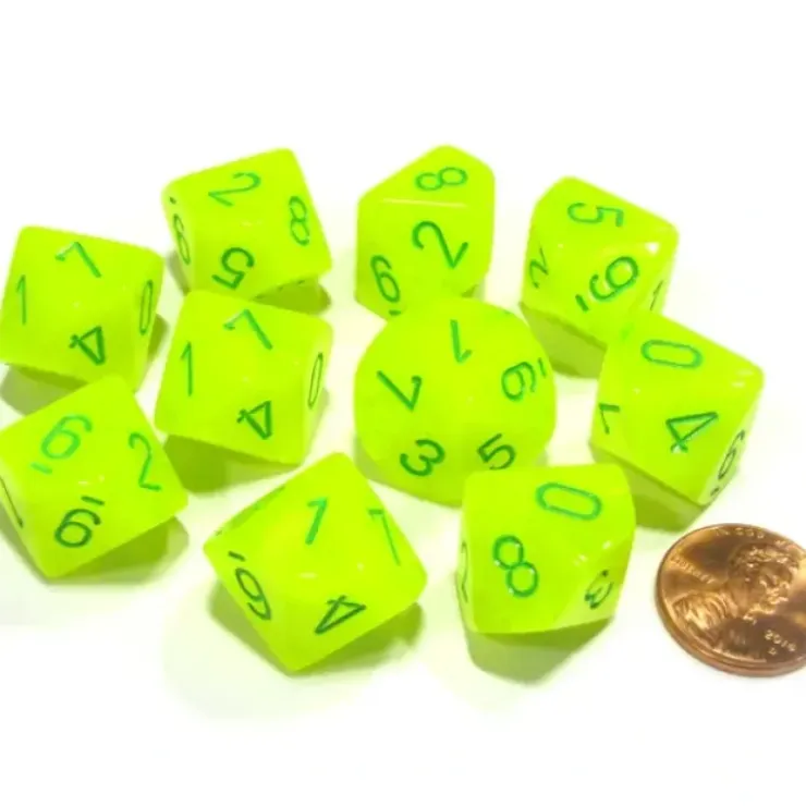 Dice>Set of 10 Chessex Vortex D10 Dice - Bright Electric Yellow with Green Numbers - Your Source for Gaming Essentials