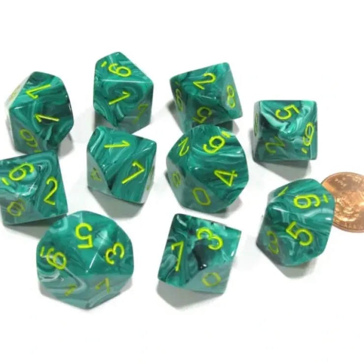 Dice>Set of 10 Chessex Vortex D10 Dice - Malachite Green with Yellow Numbers - Your Source for Gaming Essentials
