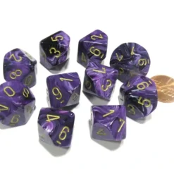 Dice>Set of 10 Chessex Vortex D10 Dice - Purple with Gold Numbers - Your Source for Gaming Essentials