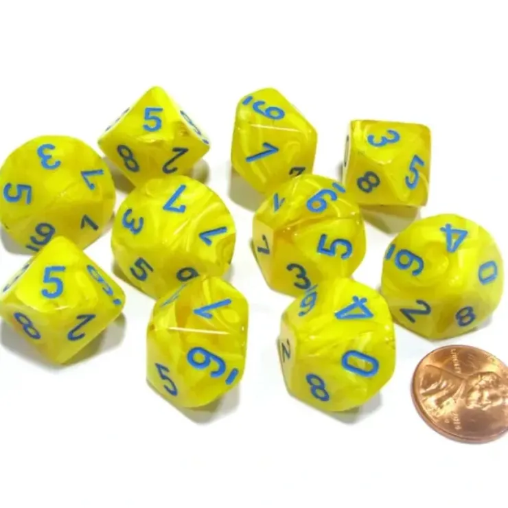 Dice>Set of 10 Chessex Vortex D10 Dice - Yellow with Blue Numbers - Your Source for Gaming Essentials