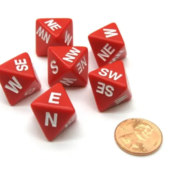 Dice>Set of 6 Compass Cardinal Direction 8 Sided Dice - Red with White Letters - Your Source for Gaming Essentials