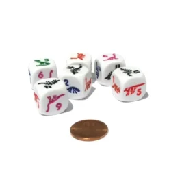 Dice>Set of 6 Dino Dice 16mm D6 Round Edge - White with Multi-Color Etched Dinosaurs - Your Source for Gaming Essentials