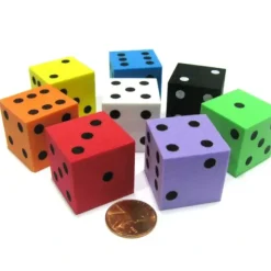 Dice>Set of 8 D6 Large 25mm Foam Dice-Black White Yellow Purple Green Orange Blue Red - Your Source for Gaming Essentials