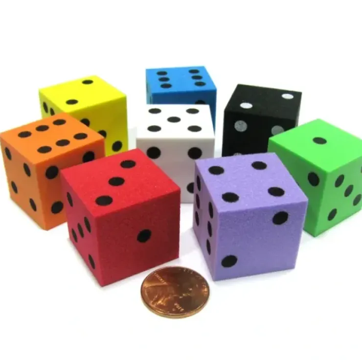 Dice>Set of 8 D6 Large 25mm Foam Dice-Black White Yellow Purple Green Orange Blue Red - Your Source for Gaming Essentials