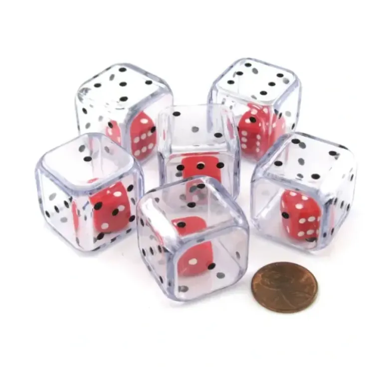 Dice>Set of 6 D6 25m Double Dice, 2-In-1 Dice - Red Inside Clear Die - Your Source for Gaming Essentials