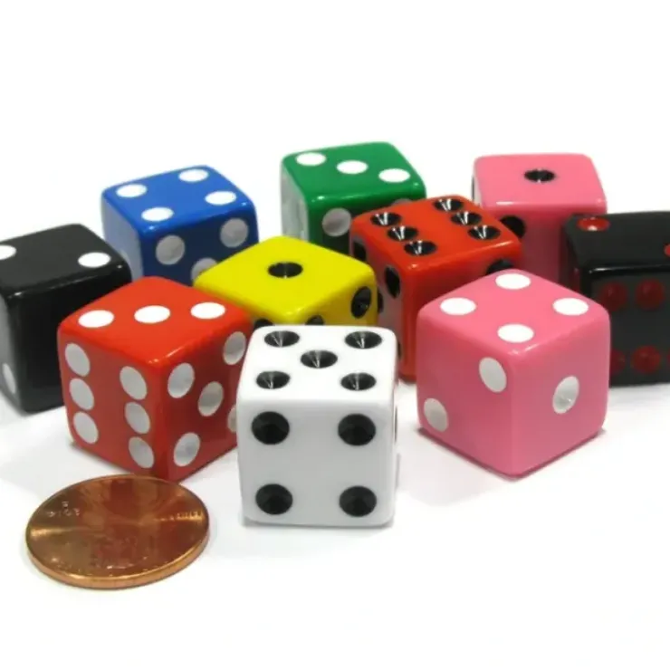 Dice>Set of 10 D6 16mm Assorted Dice-White Blue Green Yellow Pink(2) Black(2) Red(2) - Your Source for Gaming Essentials