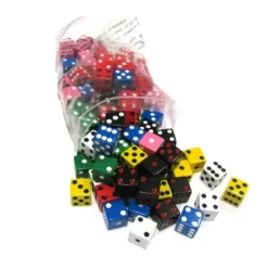 Dice>Set of 100 D6 16mm Assorted Dice-White Blue Green Yellow Pink(2) Black(2) Red(2) - Your Source for Gaming Essentials