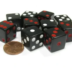 Dice>Set of 10 D6 16mm Dice, Inversed Pips- 5 Black w Red Pip and 5 Black w White Pip - Your Source for Gaming Essentials
