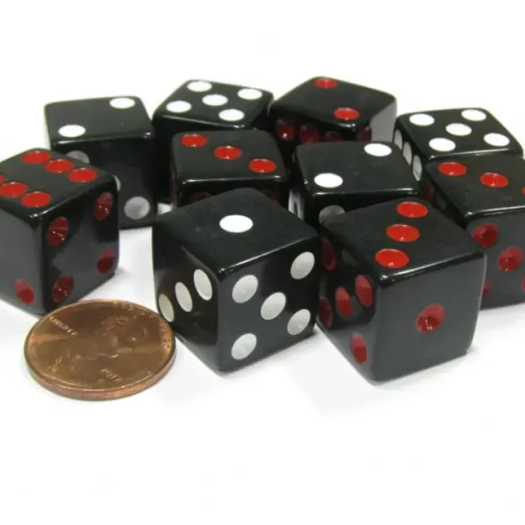 Dice>Set of 10 D6 16mm Dice, Inversed Pips- 5 Black w Red Pip and 5 Black w White Pip - Your Source for Gaming Essentials