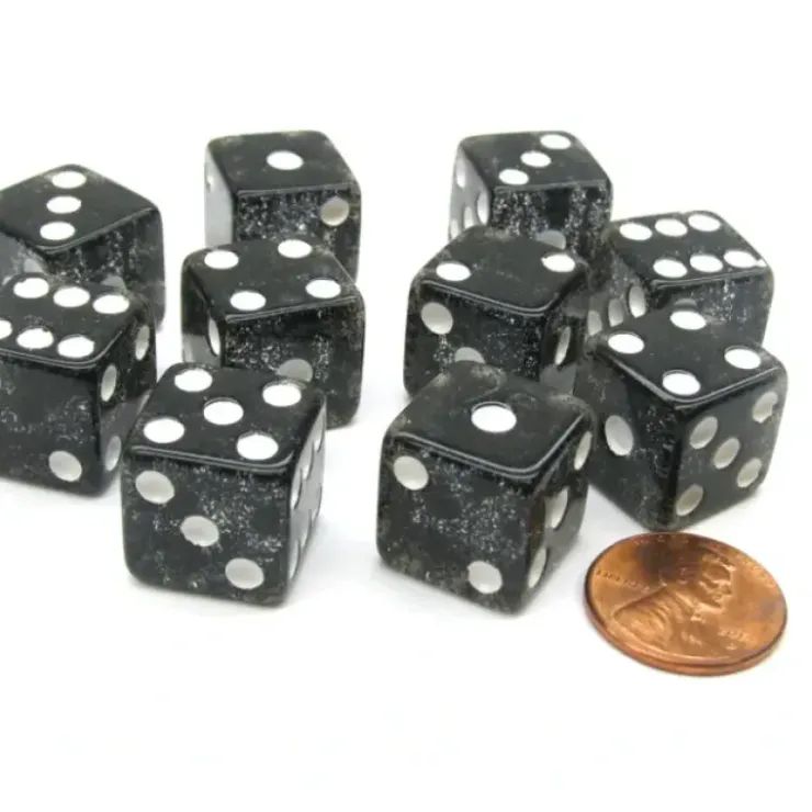 Dice>Set of 10 D6 16mm Glitter Dice - Black with White Pips - Your Source for Gaming Essentials