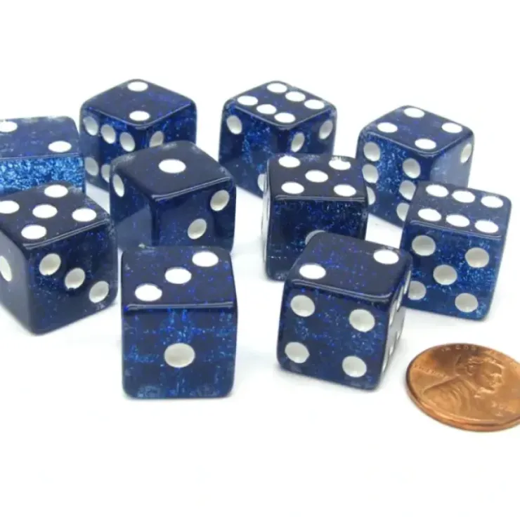 Dice>Set of 10 D6 16mm Glitter Dice - Blue with White Pips - Your Source for Gaming Essentials
