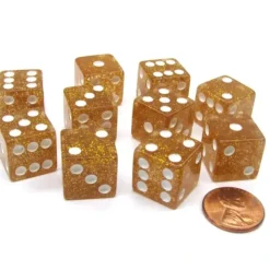 Dice>Set of 10 D6 16mm Glitter Dice - Yellow with White Pips - Your Source for Gaming Essentials
