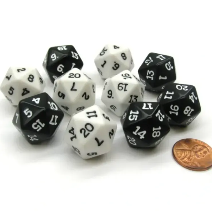 Dice>Set of 10 D20 19mm Inverse Dice - 5 Each of Black and White - Your Source for Gaming Essentials