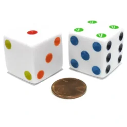 Dice>Set of 2 D6 25mm Large Opaque Jumbo Dice - White with Multicolor Pips - Your Source for Gaming Essentials