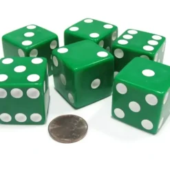 Dice>Set of 6 D6 25mm Large Opaque Jumbo Dice - Green with White Pip - Your Source for Gaming Essentials
