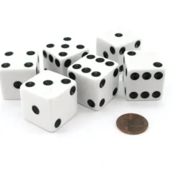 Dice>Set of 6 D6 25mm Large Opaque Jumbo Dice - White with Black Pip - Your Source for Gaming Essentials