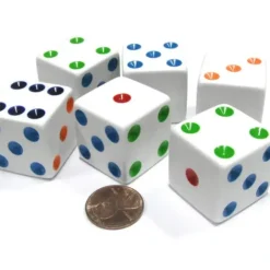 Dice>Set of 6 D6 25mm Large Opaque Jumbo Dice - White with Multicolor Pip - Your Source for Gaming Essentials