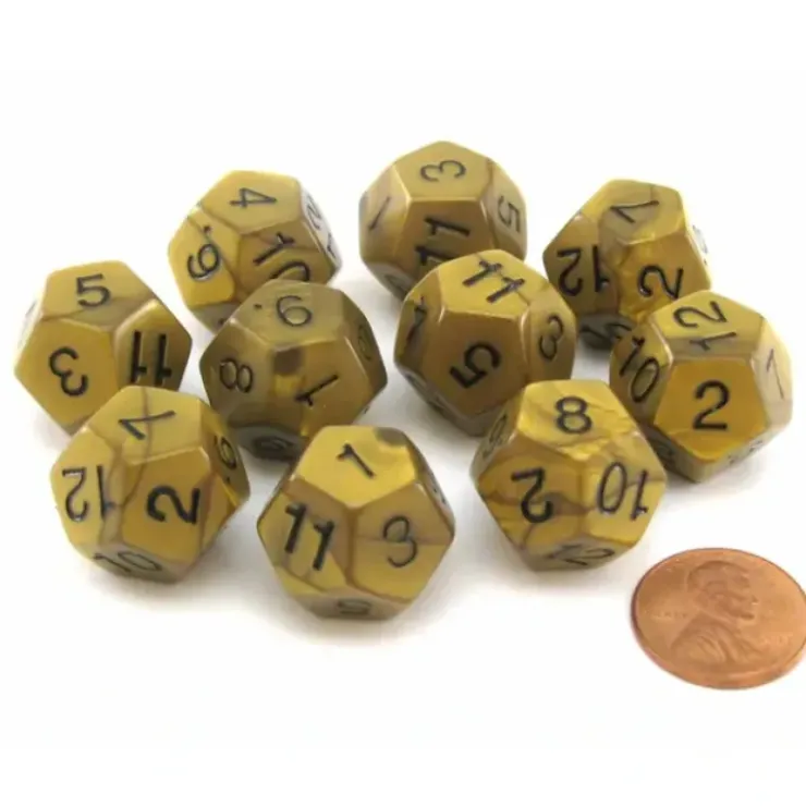 Dice>Set of 10 D12 18mm Olympic Pearlized Dice - Gold with Black Numbers - Your Source for Gaming Essentials