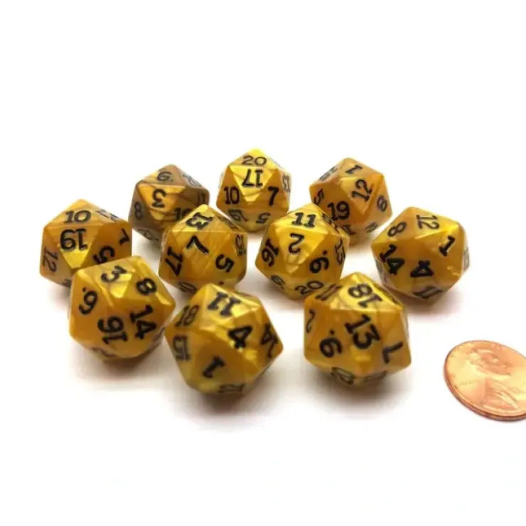 Dice>Set of 10 D20 19mm Olympic Pearlized Dice - Gold with Black Numbers - Your Source for Gaming Essentials