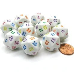 Dice>Set of 10 D20 19mm Opaque Rainbow Dice - White with Multicolor Numbers - Your Source for Gaming Essentials