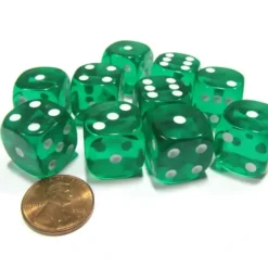Dice>Set of 10 D6 16mm Round Corner Transparent Dice - Green with White Pips - Your Source for Gaming Essentials