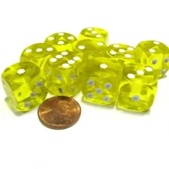 Dice>Set of 10 D6 16mm Round Corner Transparent Dice - Yellow with White Pips - Your Source for Gaming Essentials