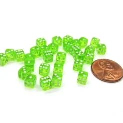 Dice>Set of 30 D6 5mm Transparent Rounded Corner Dice - Green with White Pips - Your Source for Gaming Essentials