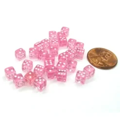 Dice>Set of 30 D6 5mm Transparent Rounded Corner Dice - Pink with White Pips - Your Source for Gaming Essentials
