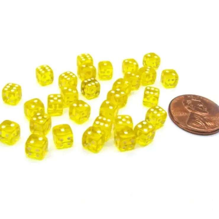 Dice>Set of 30 D6 5mm Transparent Rounded Corner Dice - Yellow with White Pips - Your Source for Gaming Essentials