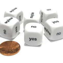 Dice>Set of 6 D6 16mm Yes, No, Maybe Decisions Dice - White with Black Letters - Your Source for Gaming Essentials
