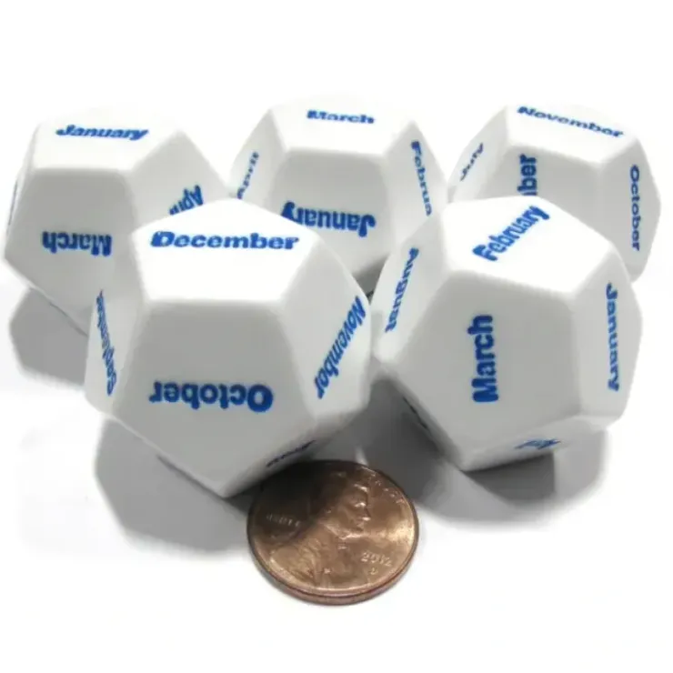 Dice>Set of 5 D12 Months of the Year Setting Educational Dice-White with Blue Letters - Your Source for Gaming Essentials