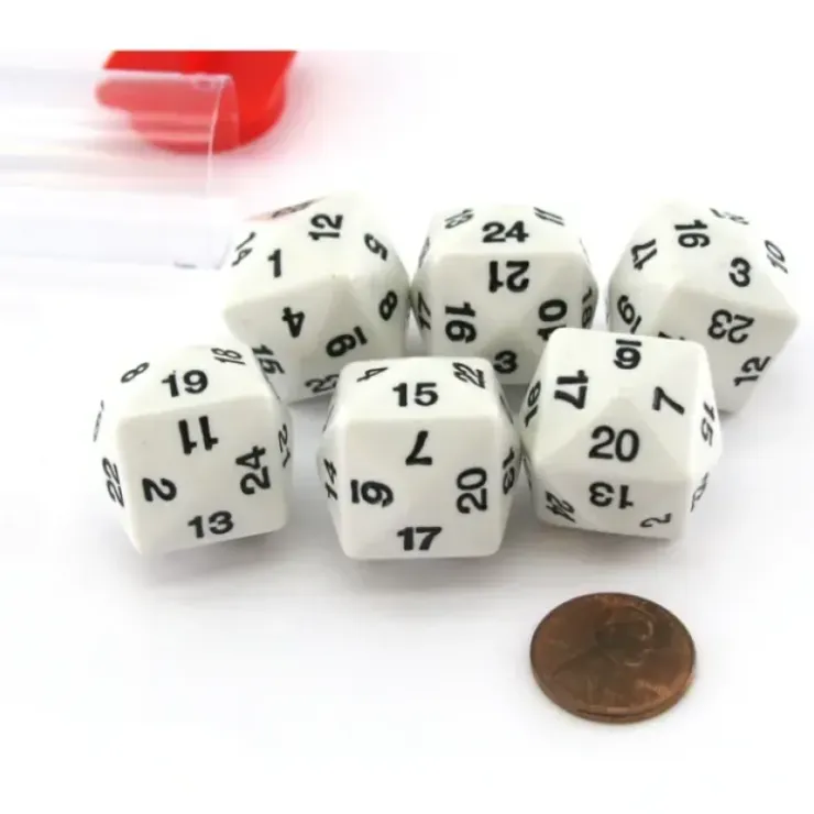Dice>Set of 6 D24 Opaque 24mm 24-Sided Gaming Dice - White with Black Numbers - Your Source for Gaming Essentials