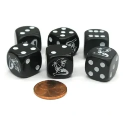 Dice>Set of 6 Dragon 16mm D6 Round Edge Creature Dice - Black with White Pips - Your Source for Gaming Essentials