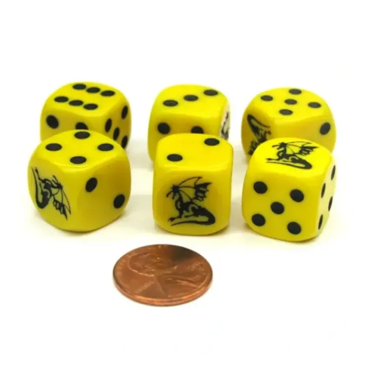 Dice>Set of 6 Dragon 16mm D6 Round Edge Creature Dice - Yellow with Black Pips - Your Source for Gaming Essentials