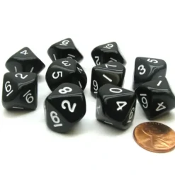 Dice>Set of 10 D10 10-Sided 16mm Opaque Dice - Black with White Numbers - Your Source for Gaming Essentials