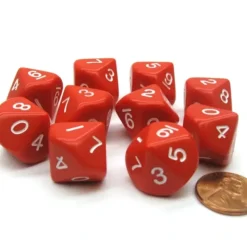 Dice>Set of 10 D10 10-Sided 16mm Opaque Dice - Red with White Numbers - Your Source for Gaming Essentials