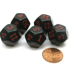 Dice>Set of 5 D12 12-Sided 18mm Opaque RPG Dice - Black with Red Numbers - Your Source for Gaming Essentials