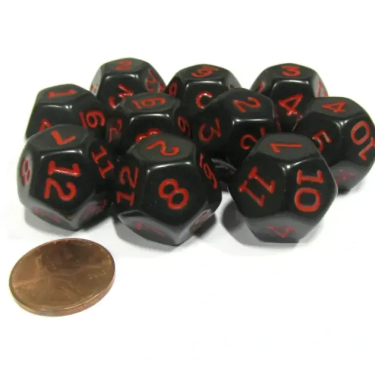 Dice>Set of 10 D12 12-Sided 18mm Opaque RPG Dice - Black with Red Numbers - Your Source for Gaming Essentials