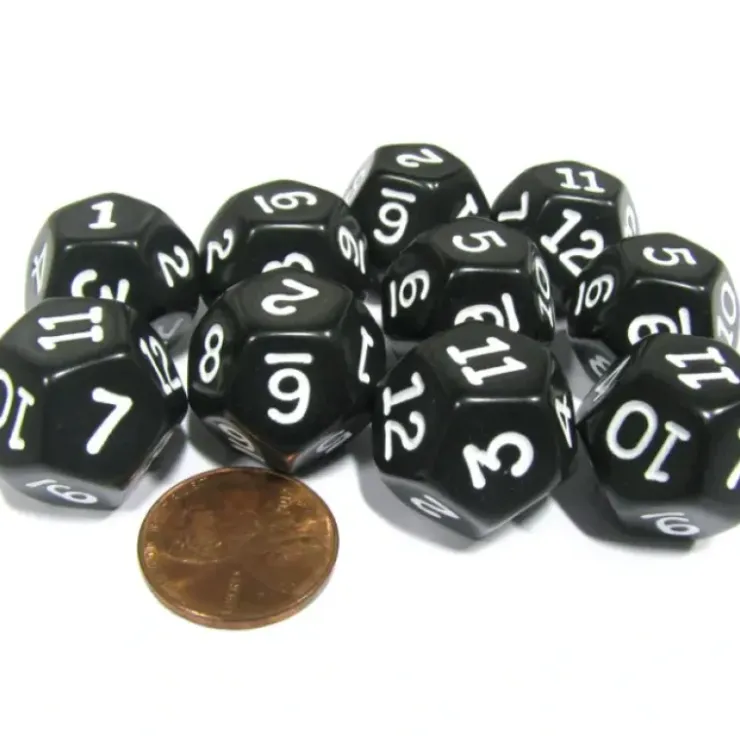 Dice>Set of 10 D12 12-Sided 18mm Opaque RPG Dice - Black with White Numbers - Your Source for Gaming Essentials