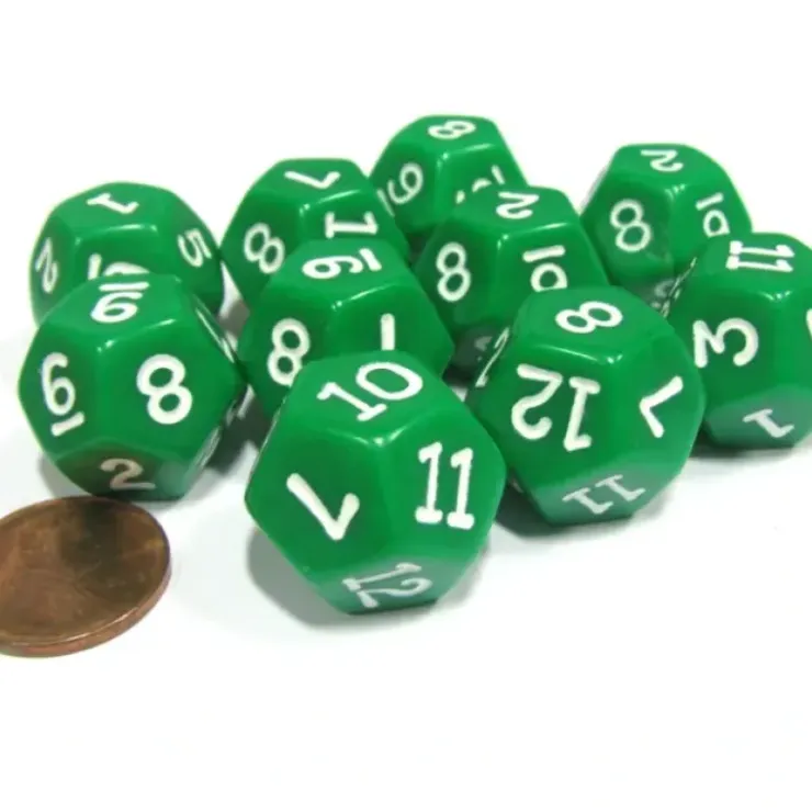 Dice>Set of 10 D12 12-Sided 18mm Opaque RPG Dice - Green with White Numbers - Your Source for Gaming Essentials