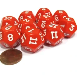 Dice>Set of 10 D12 12-Sided 18mm Opaque RPG Dice - Red with White Numbers - Your Source for Gaming Essentials