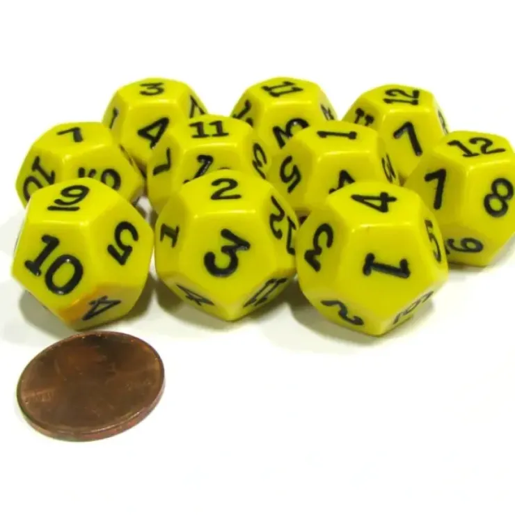 Dice>Set of 10 D12 12-Sided 18mm Opaque RPG Dice - Yellow with Black Numbers - Your Source for Gaming Essentials