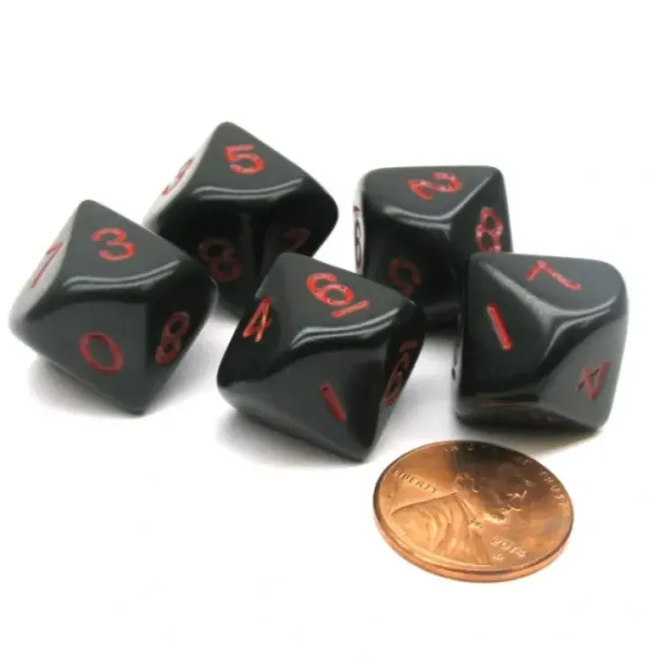 Dice>Set of 5 D10 10-Sided 16mm Opaque RPG Dice - Black with Red Numbers - Your Source for Gaming Essentials