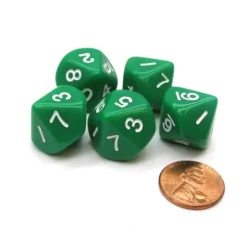 Dice>Set of 5 D10 10-Sided 16mm Opaque RPG Dice - Green with White Numbers - Your Source for Gaming Essentials