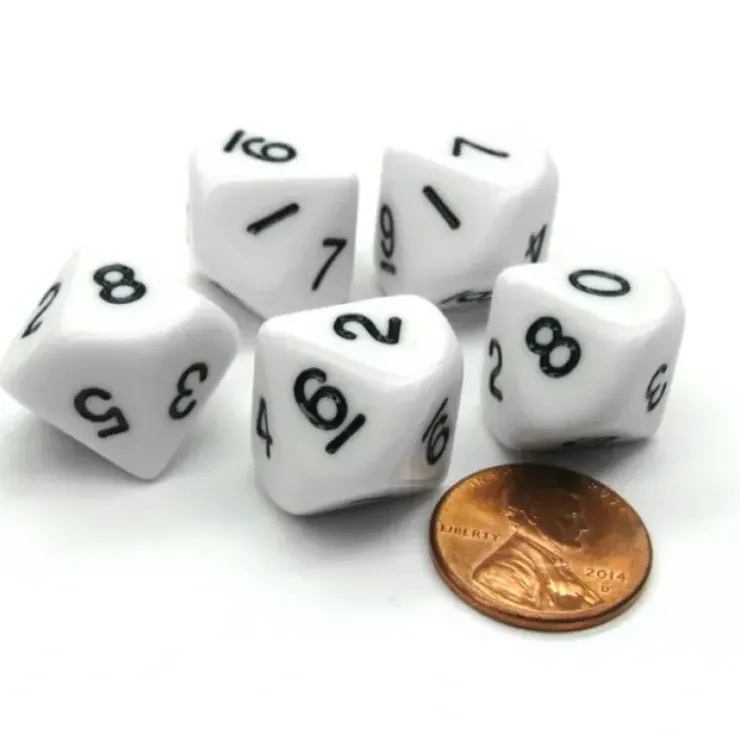 Dice>Set of 5 D10 10-Sided 16mm Opaque RPG Dice - White with Black Numbers - Your Source for Gaming Essentials